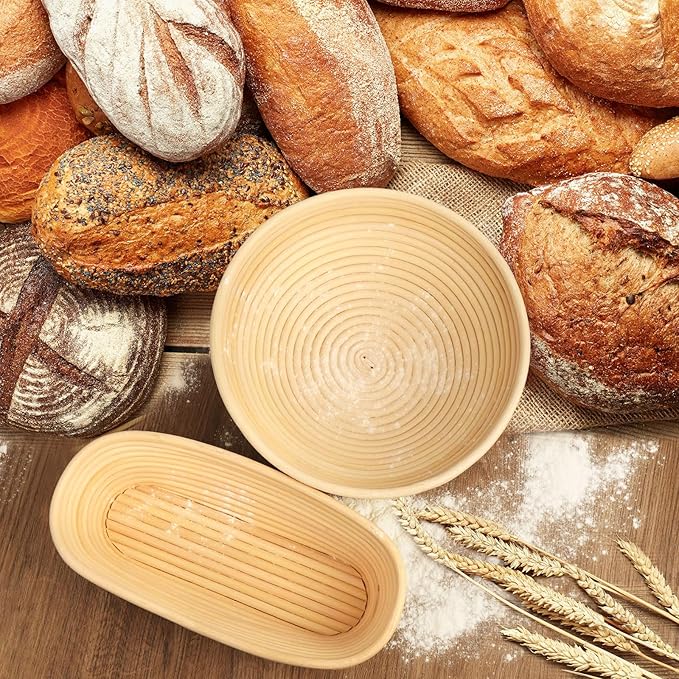 Lorzon Banneton Bread Proofing Baskets Set of 2, 10" Round & 11" Oval Sourdough Proofing Baskets with Sourdough Bread Baking Supplies, Bread Making Kit