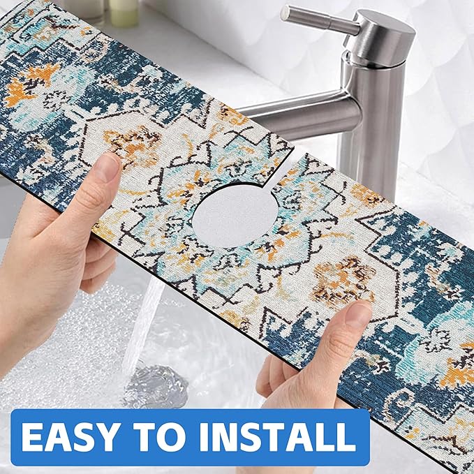 Oriental Blue Turkish Carpet Pattern Sink Faucet Absorbing Mat Sink Splash Guard Faucet Mat Draining Mat Fast Drying Sink Protectors for Kitchen and Bathroom 5.5"×24"