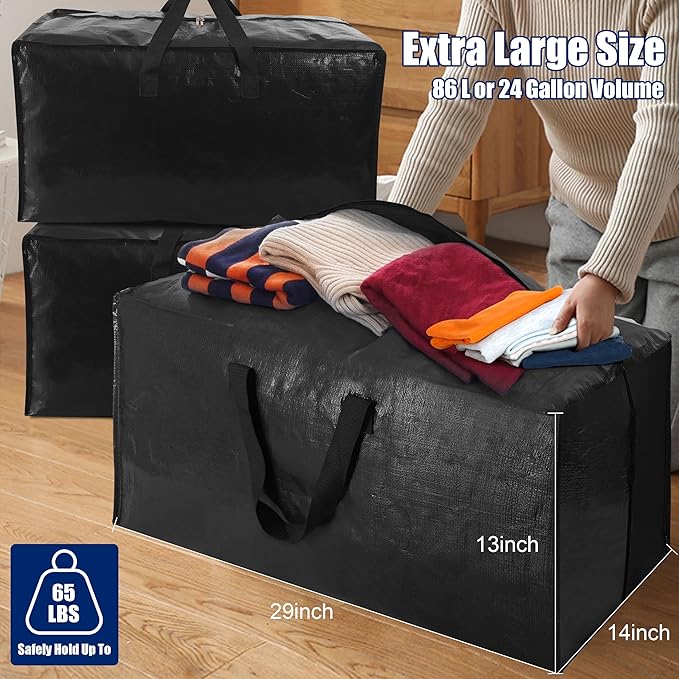 Cosy Family 8 Pack Heavy Duty Extra Large Moving Bags with Backpack Straps - Strong Handles & Zippers, Storage Totes For Space Saving, Fold Flat, Alternative to Moving Box (Set of 8, Black)