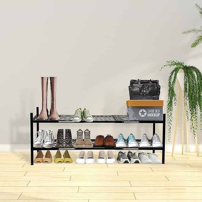 Shoe Rack, Expandable Shoes Organizer Metal Shelf Stand, 2 Tier Stackable Long Shoe Storage Holder For Closet, Floor, Entryway, Garage, Bedroom, Door Entrance For 12-18 Pairs, 45.6 inches Black