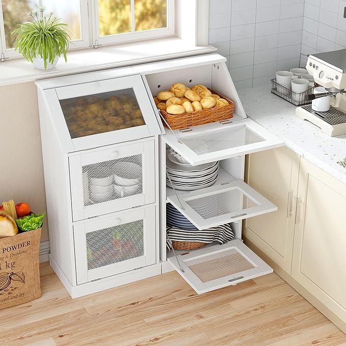 PAKASEPT Potato Storage Wood Bin, Wooden Bread Storage Bins, Decorative Potato and Onion Storage Bin with 3 Doors, Wooden Vegetable Storage Box with Lid (2)