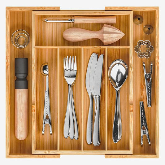 BAMEOS Bamboo Expandable Drawer Organizer, 5-7 Slots Kitchen Drawer Organizer, Adjustable Cutlery Tray for Utensils, Silverware & Flatware (Natural)