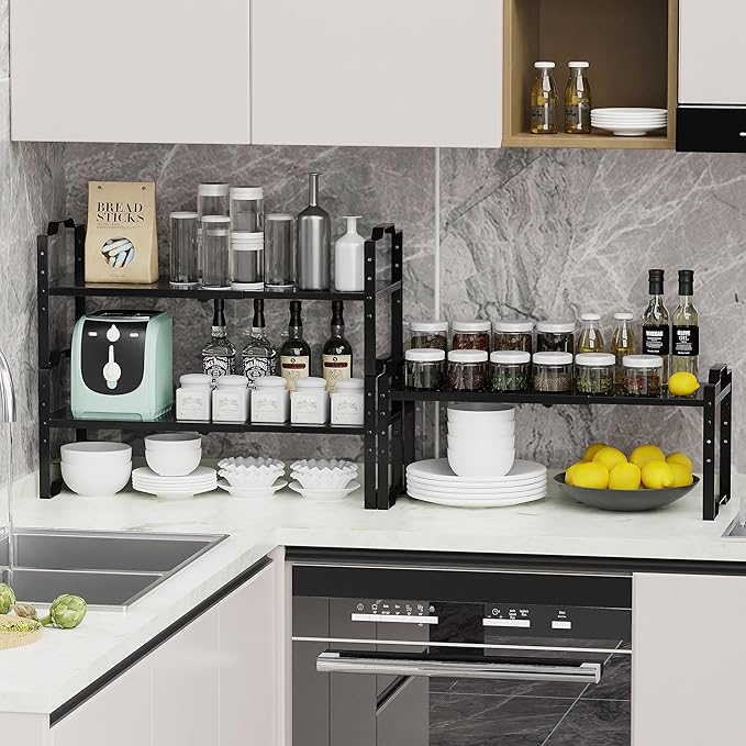 Jojocross Expandable Shelf for Cabinet Organizer Adjustable Stackable Spice Rack at Kitchen and Bathroom More, Counter Countertop Cupboard Organization Pantry Storage (2 Packs/Black, Medium)