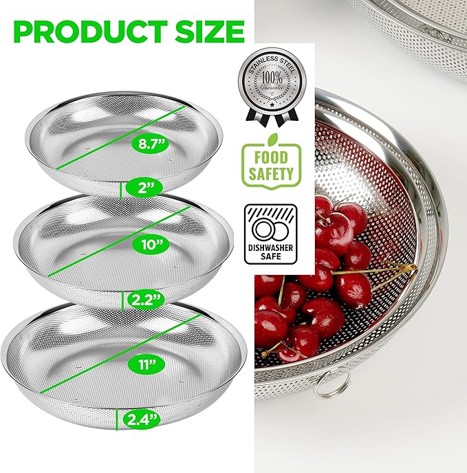 COMPORT K Premium 18/8 304 Stainless Steel Small Colander Set of 3, Comfortable Tray, Micro-Perforated Shallow Colanders 2-3-4 Quart Set, Self-Draining Solid Base for Pasta, Fruits, Vegetables
