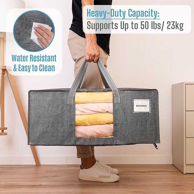 VENO 2 Pack Heavy Duty Moving Bags, Christmas Storage Bins with Lids, Transparent Window Design, Alternative to Moving Boxes, Storage Bags for Clothes, Blankets, Comforters, Pillows (Gray, 2 Pack)