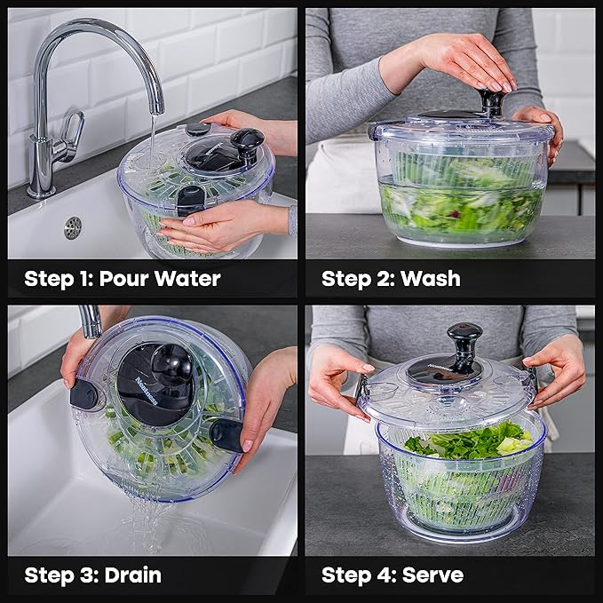 Joined Salad Spinner with Storage Lid, Drain, Bowl, and Colander - Quick and Easy Multi-Use Lettuce Spinner, Vegetable Dryer, Fruit Washer, Pasta and Fries Spinner - 3.7 Qt