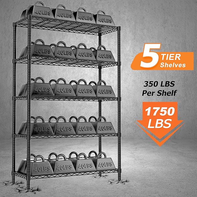 Storage Shelves Heavy Duty, 36" L x 14" W x 72" H Garage Wire Shelving Unit Loads 1750LBS, 5-Tier Adjustable Metal Industrial Utility Shelf Rack for Kitchen, Laundry Room, Pantry, Warehouse, Basement