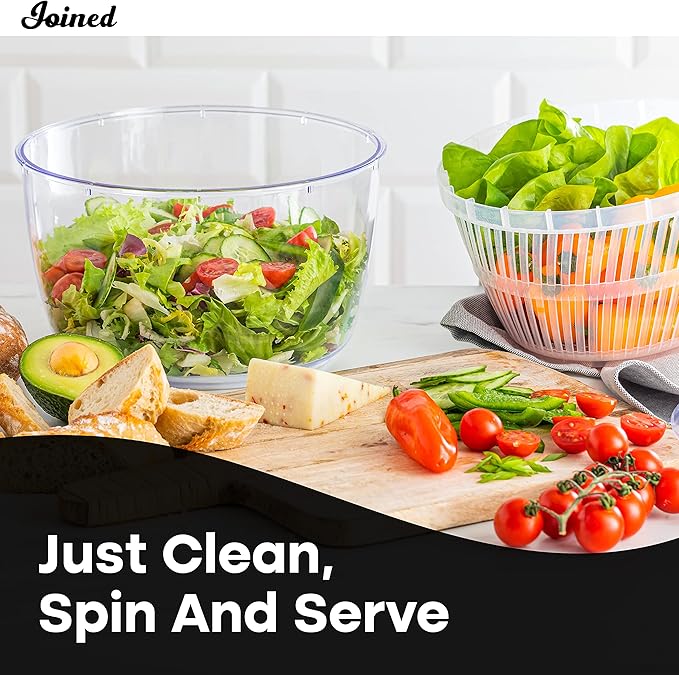 Joined Salad Spinner with Drain, Bowl, and Colander - Quick and Easy Multi-Use Lettuce Spinner, Vegetable Dryer, Fruit Washer, Pasta and Fries Spinner - 3.7 Qt
