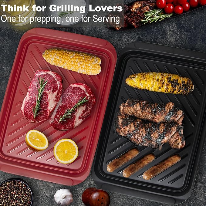 Czlizdyt Large Grilling Prep and Serve Trays, BBQ Platter for Raw and Cooked Food, Melamine Serving Trays for Food, Set of 2, Black and Red, Napkin and Cleaning Clothes Included