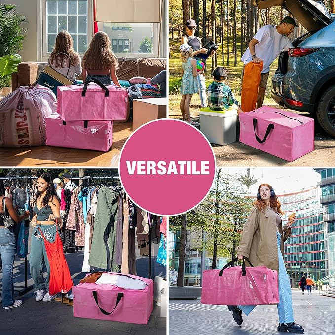 WORKPRO 6 Pack Extra Large Moving Bags with Zippers & Carrying Handles Backpack Straps, Heavy-Duty Storage Tote for Space Saving Moving Storage (Pink)