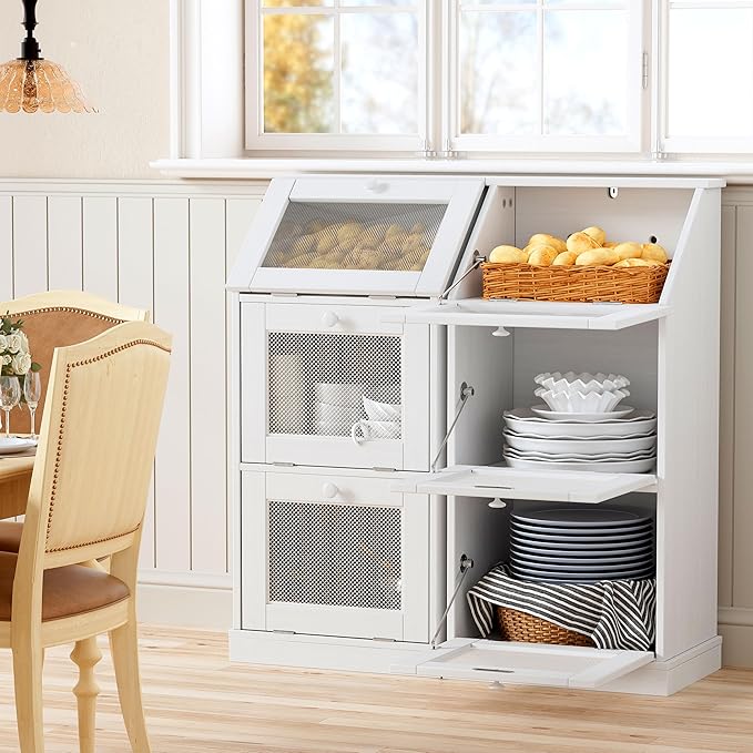 PAKASEPT Potato Storage Wood Bin, Wooden Bread Storage Bins, Decorative Potato and Onion Storage Bin with 3 Doors, Wooden Vegetable Storage Box with Lid (1)