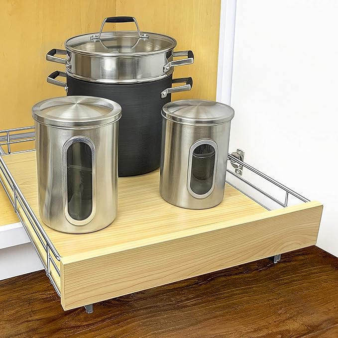LYNK PROFESSIONAL® SELECT™ Pull Out Cabinet Organizer, 17" x 21" Slide Out Drawers for Kitchen Cabinets - Sliding Pull-Out Pantry Shelves – Home Shelf Organizers - Lifetime Ltd. Warranty, Wood Chrome