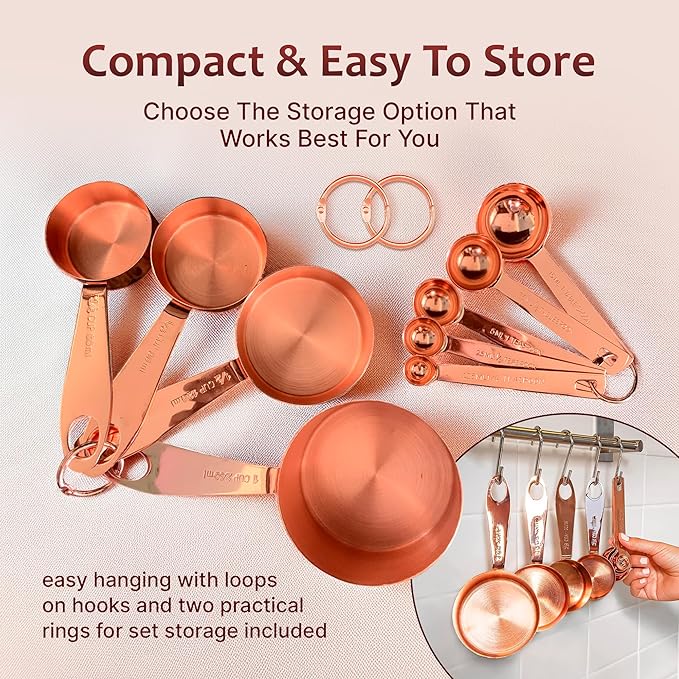 AGRUS Measuring Cups and Spoons Set of 9, Utensils for Dry and Liquid Ingredients, Copper Kitchen Accessories, Rose Copper Decor for Home, Stackable, Sturdy Stainless Steel