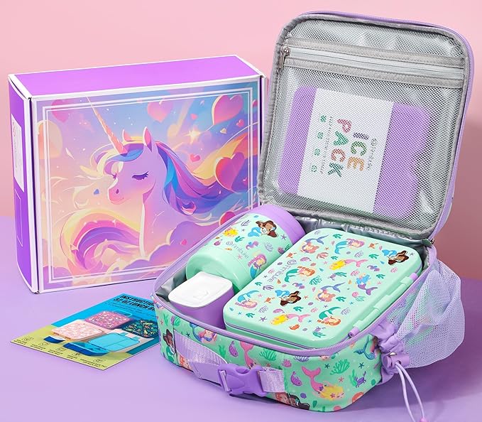 Fimibuke Bento Lunch Box for Kids with Food Jar, 32OZ Snack Lunch Container with 3 Compartments, Insulated Lunch Bag, 12OZ Leakproof Food Jar, Ice Pack Set for Age 3-12 Toddler Teen Girls Boys Daycare