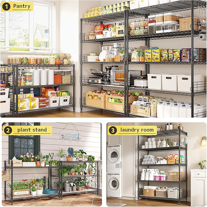 71.5‘’H Wire Shelving Unit With Shelf Linker,5 Tier Metal Shelving Pantry Kitchen Shelves with Side Blockers,Adjustable Standing Storage Shelves Rack with Hooks,Shelf for Utility Room,Basement,office