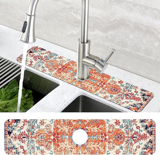 Oriental Turkish Carpet Pattern Red Dish Drying Mat for Kitchen Sink Splash Guard Behind Faucet Sink Mat Absorbent Fast Drying Faucet Draining Mat for Bathroom Kitchen 5.5"×24"
