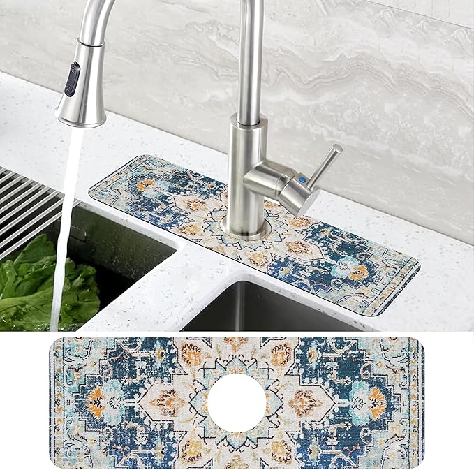 Oriental Blue Turkish Carpet Pattern Sink Faucet Absorbing Mat Sink Splash Guard Faucet Mat Draining Mat Fast Drying Sink Protectors for Kitchen and Bathroom 5.5"×15"