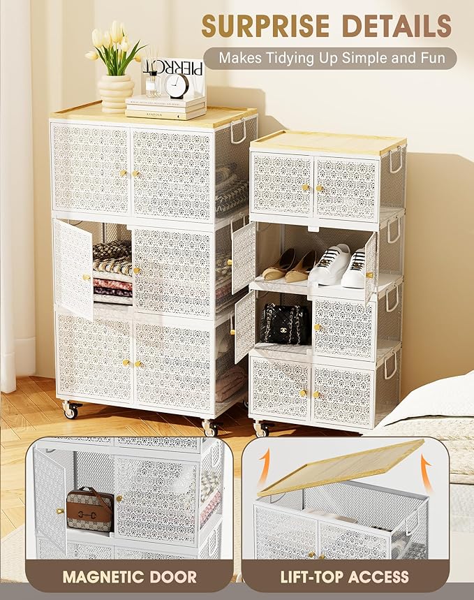 4 Tier Metal Storage Cabinet with wheels, Storage Bins with Magnetic Doors, Storage Cart for Living Room, Bedroom, Bathroom, Laundry, Kitchen