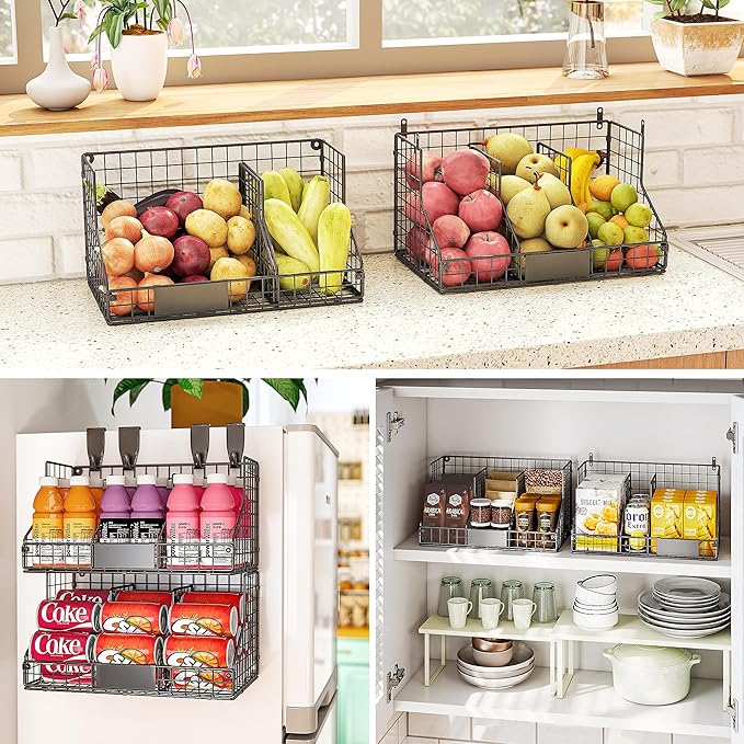 2 Tier Pantry Organizers and Storage Shelf, Stackable Can Organizer for Canned Food and Goods, Metal Wire Rack with 4 Adjustable Dividers Holds 60+ Cans for Under Cabinet Countertop