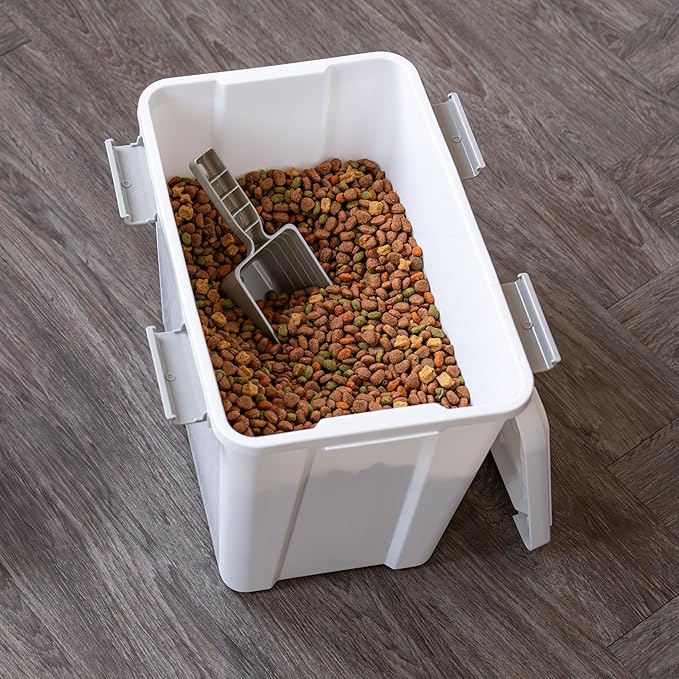IRIS USA Stackable Dog Food Storage Container with 2 Cup Scoop, 4 Secure Latches, Fits up to 30 lbs, Pet Dry Food Bin, Gasket Seal Lid, BPA Free, Stackable, Easy Measure, White