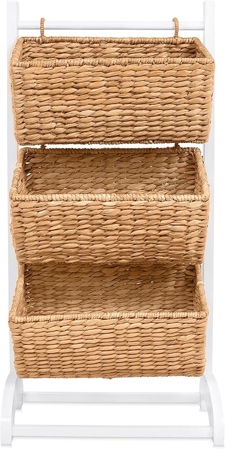 BIRDROCK HOME 3 Tier Abaca Storage Cubby (Natural) - 3 Baskets Made of Durable Seagrass Fiber - Solid Wood Frame - Child Pet Dog Toy Food Storage Organizer Shelf - Kitchen Vertical Rack Unit Stand