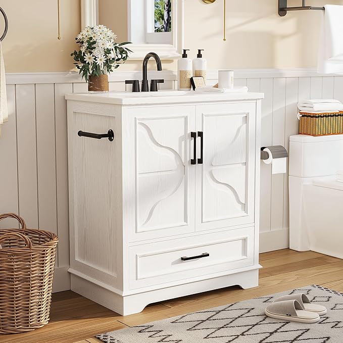 IRONCK 30" Bathroom Vanity with Ceramic Basin,Modern Under Sink Cabinet with 2 Soft Closing Doors and 1 Drawer, Free Standing Bathroom Storage Cabinet with Sink Combo Set,NO Faucet Accessories, White