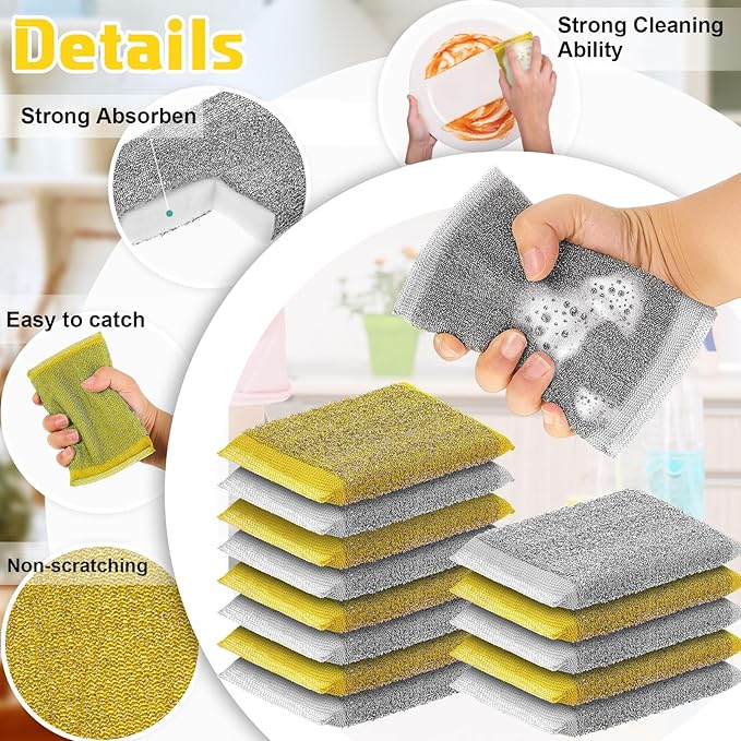 Thyle 36 Pack Steel Scrub Sponges for Dishes Non Scratch Scouring Multi Use Metal Scrubber Heavy Duty Dish Wash Kitchen Sponge for Pot Dish Washing Hard Surface Cleaning (Gray,Yellow)