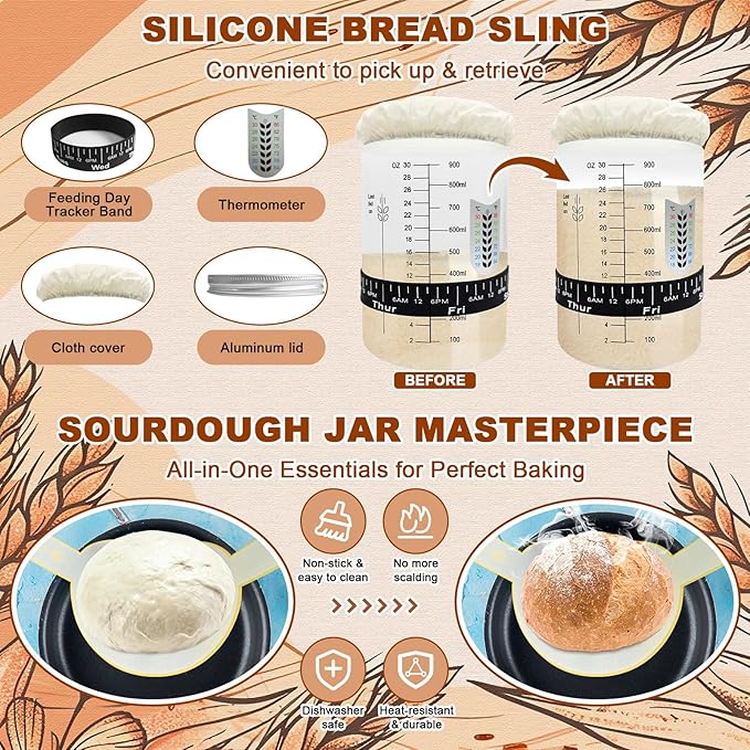 Sourdough Starter Kit,Sourdough Bread Baking Supplies, 9" Round and 10" Oval Banneton Bread Proofing Basket Set with Sourdough Starter Jar, Sourdough Bread Making Tools Kit Gifts for Women Wife Mom