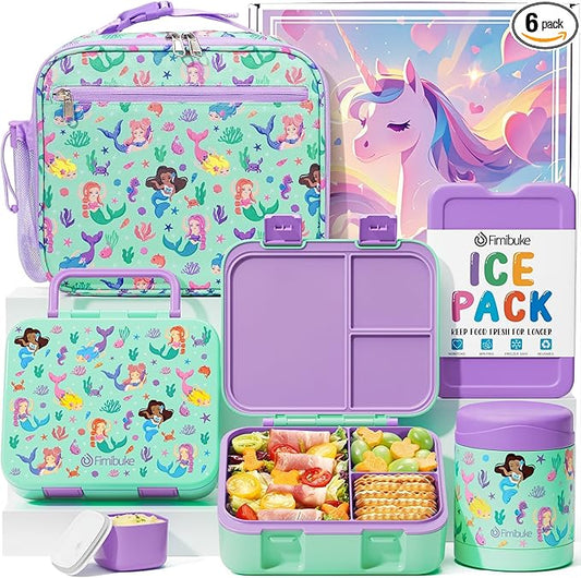 Fimibuke Bento Lunch Box for Kids with Food Jar, 32OZ Snack Lunch Container with 3 Compartments, Insulated Lunch Bag, 12OZ Leakproof Food Jar, Ice Pack Set for Age 3-12 Toddler Teen Girls Boys Daycare