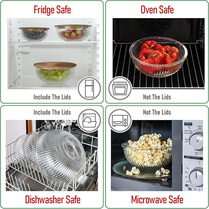 dokaworld Set of 3 Stackable Space-Saving Nesting Glass Salad Bowls with Acacia Lids for Foodprep, Storage, Baking, Mixing & Cooking - Microwave Safe Durable Inert Borosilicate Glass
