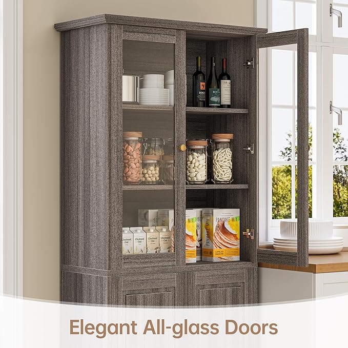 LotaTools 71" Kitchen Pantry Cabinet with Glass Doors, Modern Coffee Bar Storage Cabinet with Adjustable Shelves & Wooden Doors, Freestanding Cupboard for Dining Room or Living Room, Vintage Brown