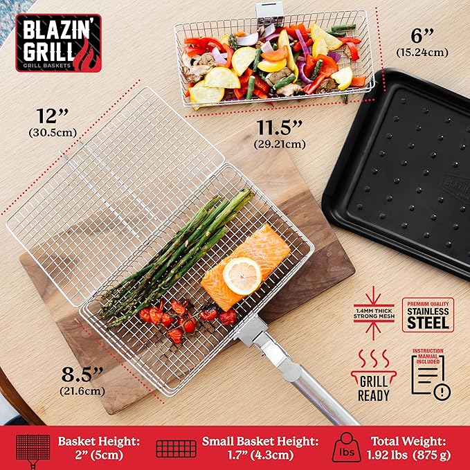 Blazin' Grill Grill Baskets for Outdoor Grill | 2 Grilling Baskets with Detachable Handle | Barbecue Grill Set with BBQ Gloves | Portable Camping Net Rack Perfect for Vegetables, Seafood & Meat