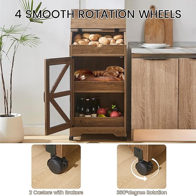 Potato Storage Bin, Large Movable Bread Box with Lid, 3 Tier Vegetable Organizer Cabinets, Decorative Fruit and Vegetable Box for Kitchen (Walnut)