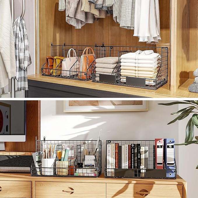 2 Tier Pantry Organizers and Storage Shelf, Stackable Can Organizer for Canned Food and Goods, Metal Wire Rack with 4 Adjustable Dividers Holds 60+ Cans for Under Cabinet Countertop