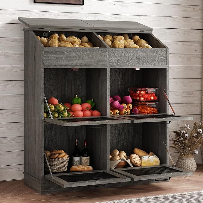 Large Wood Bread Box for Potato,Onion.Veggie Bin W/6 Large Storage Box.Root Vegetable Storage Box For Kitchen,Farmhouse Potato Storage Bin W/4 Mesh Doors,Bread Keeper for Toast,Bagel,Donut,Cookies