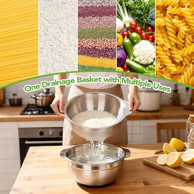304 Stainless Steel Colander, 2.5 QT Capacity and 2.5 QT Mixing Bowl, Micropore Strainer for Washing Rice, Fruit, and Veggies, Perfect Draining for Cooked Pasta