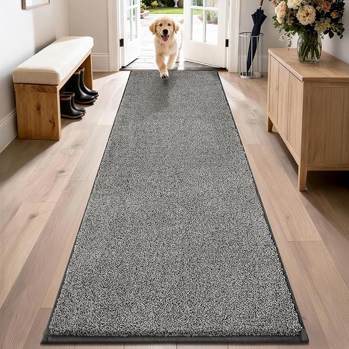 PURRUGS Dirt Trapping Door Mat 24" x 84", Non-Slip Machine Washable Entryway Rug, Dog Doormat, Indoor Front Door Mat, Super Absorbent Entry Rug for Muddy Shoes & Paws, Light Grey-Dark Grey
