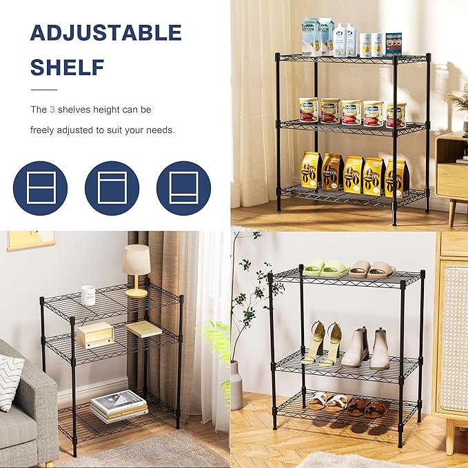 3-Tier Wire Shelf Rack,24" Dx14 Wx 30" H,Wire Metal Shelving with Lockable Wheels,Height Adjustable Storage Standing Shelves for Kitchen,Living Room,Laundry,Office,Pantry,Studio,Black