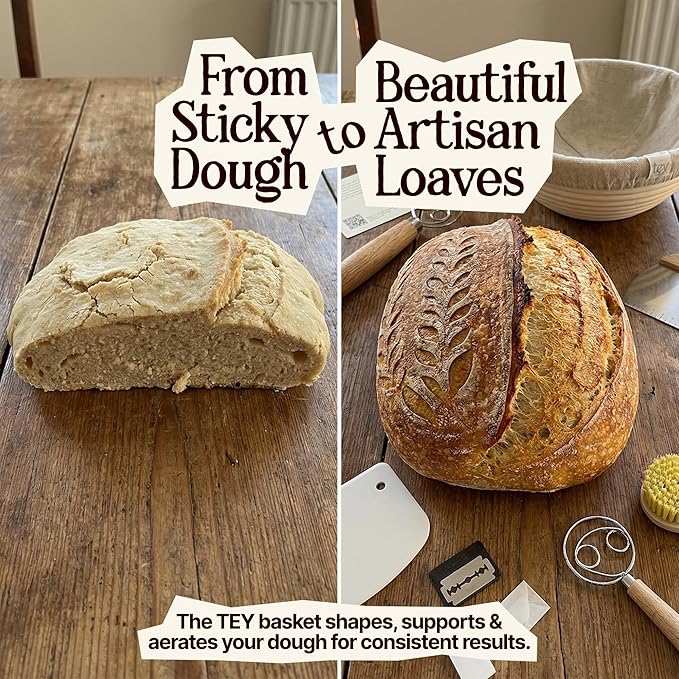 TEY 9'' Banneton Bread Proofing Basket Set – Natural Rattan Banneton with Linen Liner, Baking Tools & Accessories, Digital Recipe eBook, Artisan Sourdough Starter Kit, Homemade Bread Baking Gift Set