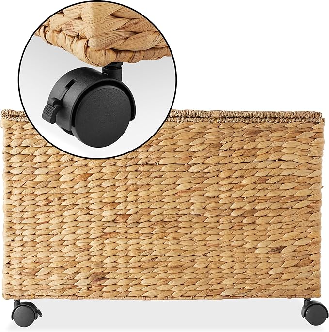 Casafield Rolling Storage Basket Cart with Lid and Locking Wheels, Natural - Handwoven Water Hyacinth Divided Recycling Sorting Bin for Kitchen, Laundry Room, Garage