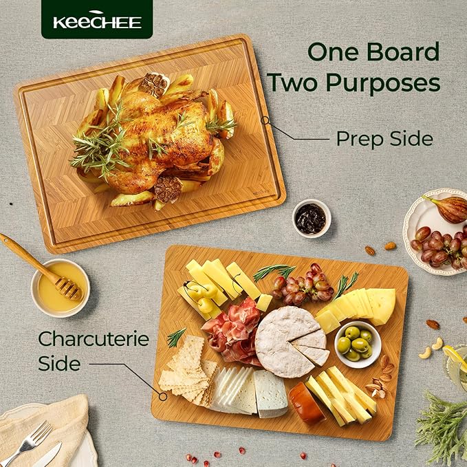 Keechee Atelier Collection Bamboo Cutting Board Set of 3, Reversible Wood Chopping Boards for Kitchen with Juice Grooves, Handcrafted Large Serving Tray, Luxury Housewarming Wedding Gifts for New Home