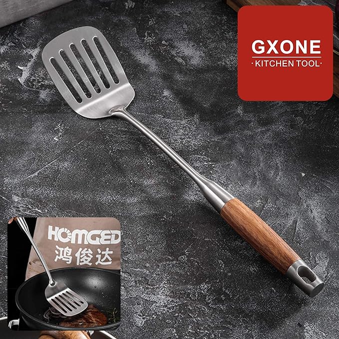 GXONE Metal Spatula,304 Stainless Steel Wok Spatula with Heat Resistant Wooden Handle,Silver/15.7Inch