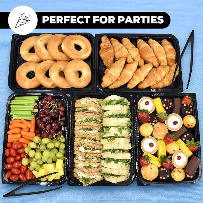5 Pack Catering Trays with Lids – 17" Serving Tray with Lid, Heavy Duty Recyclable Plastic Party Platters for Catering, Buffet, Picnics & Events – Food Trays with Clear Lid (17.72 x 12.20 x 2.95 inch)