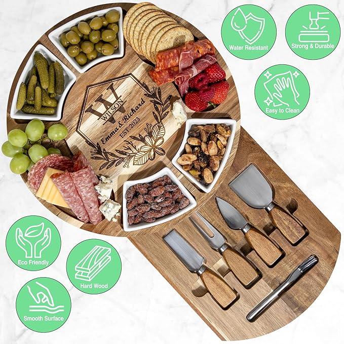 Personalized Charcuterie Board Gift Set – Custom Engraved Acacia Cheese Board with Ceramic Bowls, Wedding & Housewarming Gifts, for Women & Men