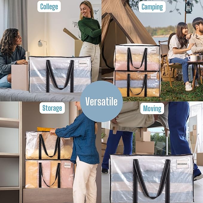 VENO 8 Pack Moving Bags & Large Christmas Storage Bins with lids for Decorations, Garland, Lights. Moving Boxes Packing Supplies for College Dorm. Extra Large Heavy Duty Totes (Clear-8 Pack)