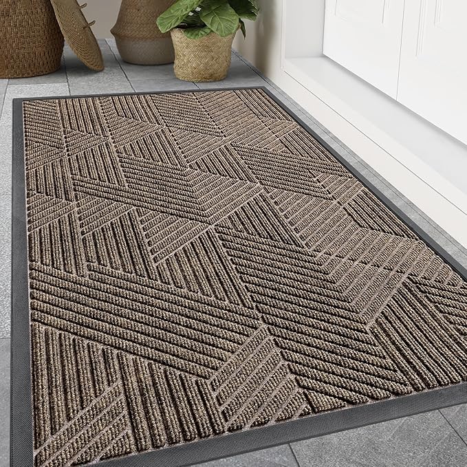 Smiry Front Door Mat Outside Entrance, Heavy Duty Sturdy Natural Rubber Doormat, Trap Dirt and Moisture, Easy Clean Low Profile Mats for Indoor Outdoor Entry, Irregular Triangle (71x34, Brown)