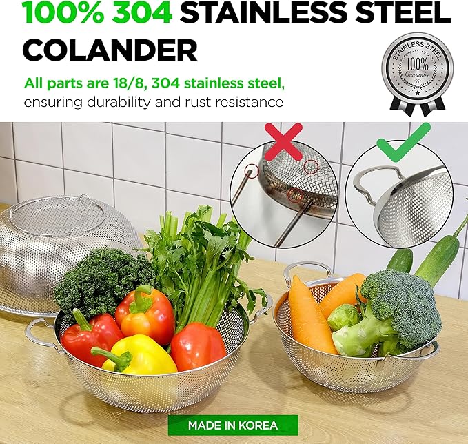 COMPORT K Premium 18/8 304 Stainless Steel Strainer Set of 3 with Handles, Micro-Perforated Colanders, 4-6-8 Quart Set, Self-Draining Solid Base for Pasta, Fruits, Vegetables, Made in Korea