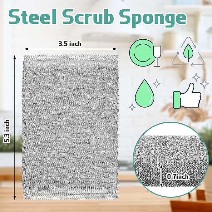 Thyle 8 Pack Steel Scrub Sponges for Dishes Non Scratch Scouring Multi Use Metal Scrubber Heavy Duty Dish Wash Kitchen Sponge for Pot Dish Washing Hard Surface Cleaning (Gray)