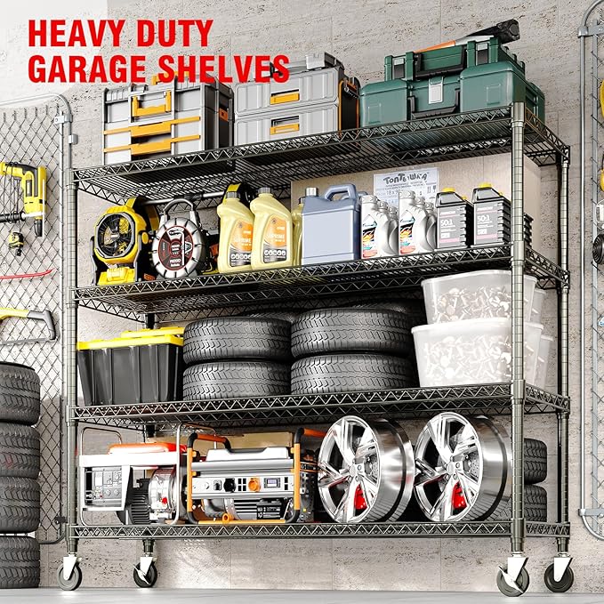 72" H X 59 W X18 D Storage Shelves with Wheels, 4 Tier Wire Shelving Adjustable Metal Shelving Shelves Capacity 2640LBS Heavy Duty Shelf for Garage Shelving, Pantry, Kitchen, Commercial