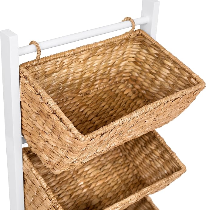 BIRDROCK HOME 3 Tier Abaca Storage Cubby (Natural) - 3 Baskets Made of Durable Seagrass Fiber - Solid Wood Frame - Child Pet Dog Toy Food Storage Organizer Shelf - Kitchen Vertical Rack Unit Stand